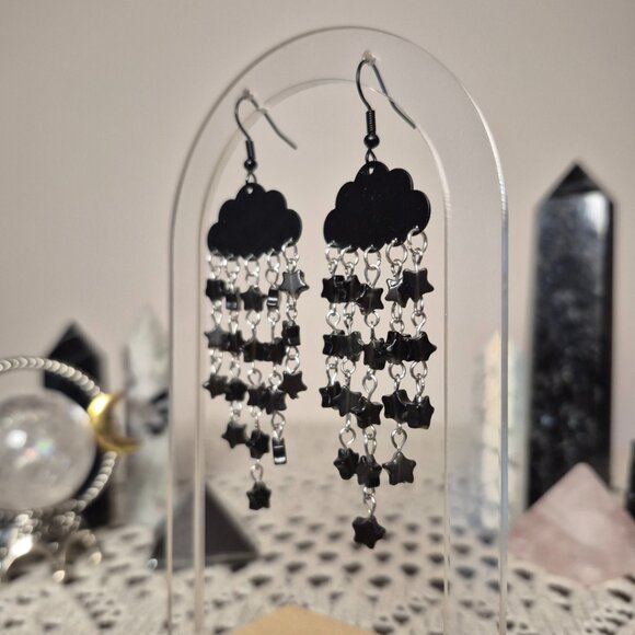 Black Obsidian Starry Night Gemstone Cloud Earrings - Picture 6 of 7